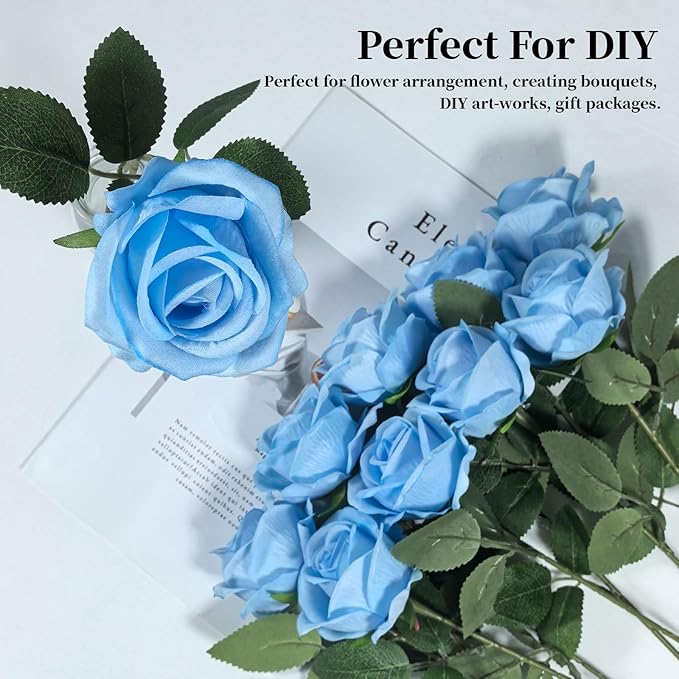 10 PCS Artificial Roses with Long Stems Silk Flowers Realistic Foam Flowers Fake Roses for Valentine's Day Home Wedding Decor(Light Blue)