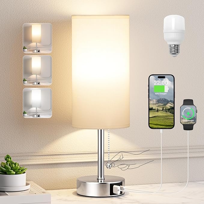 White Table Lamp for Bedroom Nightstand - Small Lamp with USB A + C Charging Port, 3 Color Temperatures Pull Chain Night Stand Light, Silver Base Desk Reading Lamp for Living Room