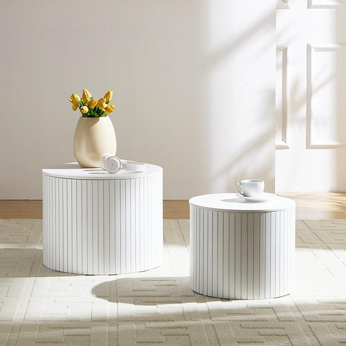 KEVINSPACE Small Coffee Table Nesting EndTable Set of 2, Round CoffeeTable with Storage Function Wood SideTable Circle Accent Tables for Small Spaces Living Room Bedroom Balcony Office White
