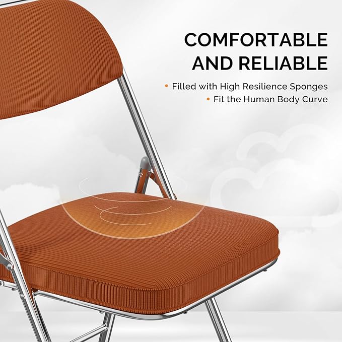 VINGLI 2 Pack Folding Chairs with Padded Seat & Backrest, Metal Frame, Durable Corduroy Fabric, 350 lbs Capacity, Set of 2, Orange – Ideal for Weddings, Parties, Office Events