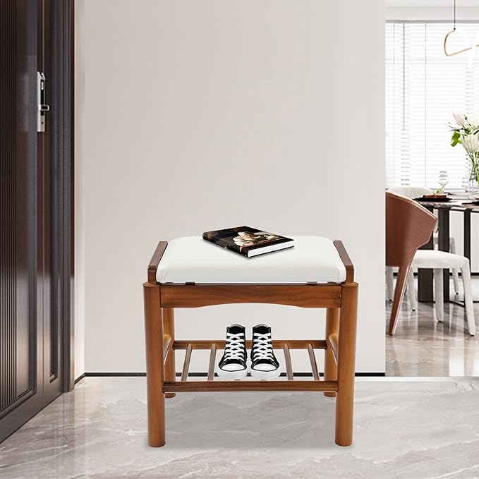 Eapmic Shoe Bench with Cushion, 2-Tier Bamboo Shoe Rack Bench, Entryway Shoe Storage Organizer with Compartment, Wooden Shoe Storage Bench for Hallway, Living Room, Closet, Bedroom (Walnut Color)