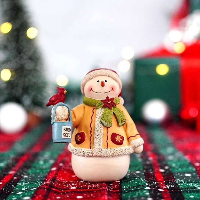 Snowman Figurine Christmas Decorations Indoor – Resin Snowman with Bird & Seed Bucket, Winter Tabletop Christmas Home Decor, Cute Seasonal Ornament for Holiday Display