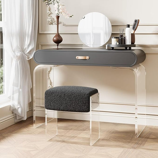 Vanity Stool Chair and Foot Rest -Modern Vanity Stool and Footstool with Wool and Acrylic Leg for Makeup Room, Living Room , Bedroom, Boucle Ottomans for Birthday, Christmas, Halloween, Easter Gifts