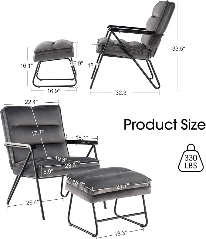 MCombo Modern Accent Chair, Velvet Club Chair, Upholstered Armchair for Small Space, Living Room & Office Reception, Fabric 4747 4750 (Chair with Ottoman, Dark Grey)