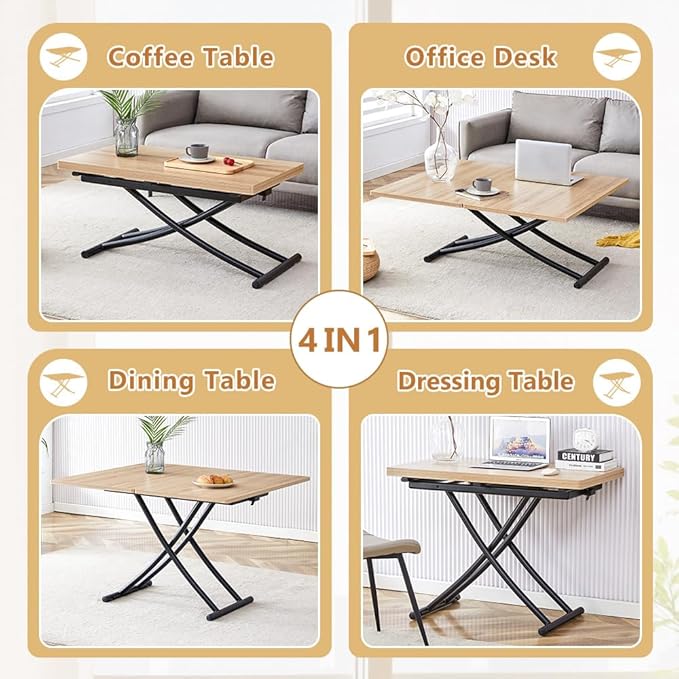 4 in 1 Folding Dining Table with Adjustable Lift Top & Wheels, Multi-Function Coffee Table to Dining Table for Apartments, Kitchens, Living Rooms, Scratch-Resistant & Easy Assembly