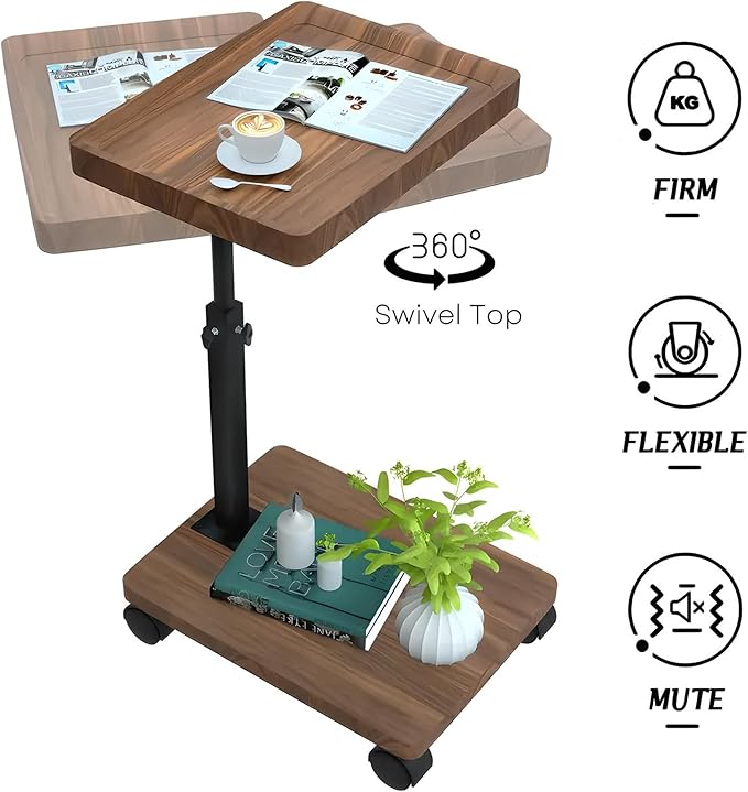 YYW Adjustable C Shaped End Table with Wheels - 360° Swivel TV Tray Table for Sofa/Bed/Bathtub, Slide Under Couch, Height Adjustable (17.7-31.5 Inches),Living Room, Bedroom, Study (Walnut Color)