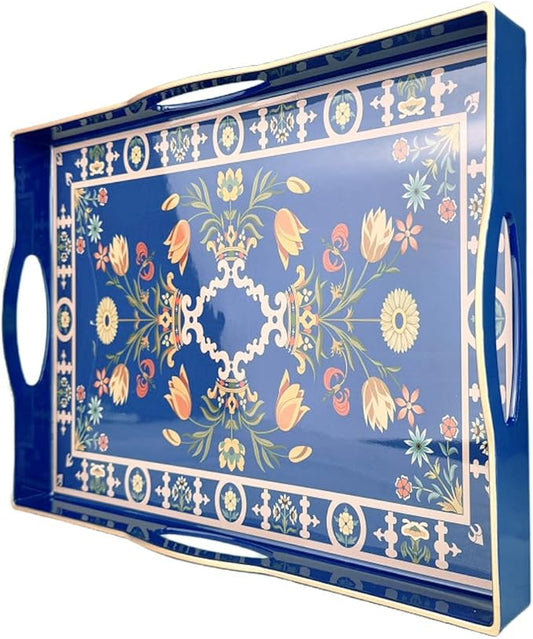 Boho Blue Decorative Tray, Serving Tray with 4 Handles, Plastic Tray for Coffee Table, Ottoman - Ideal for Living Room & Bathroom. 15” x 11” x 1.9”