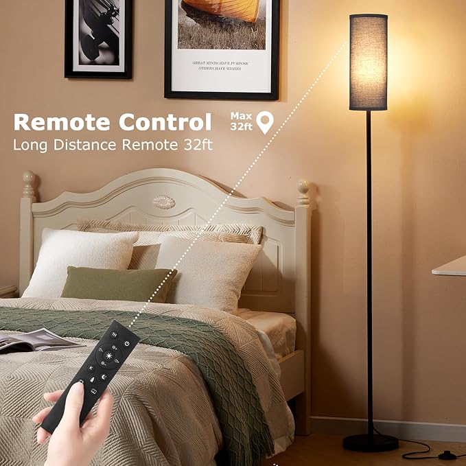 Ambimall 64'' Floor Lamps for Living Room with Remote Control and Stepless Dimmable Colors Temperature & Brightness, 9W Bulb Included(Black Lampshade & Black Pole)