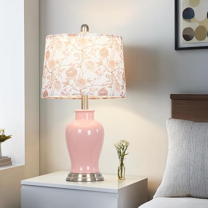 Pink Ceramic Table Lamp with Flower Lampshade, 23" Cute Ceramic Bedside Lamp with Ginger Jar Design, Modern Living Room Lamps Set 2, Elegant Bedroom Lamps for Nightstand Desk Side Home Decor