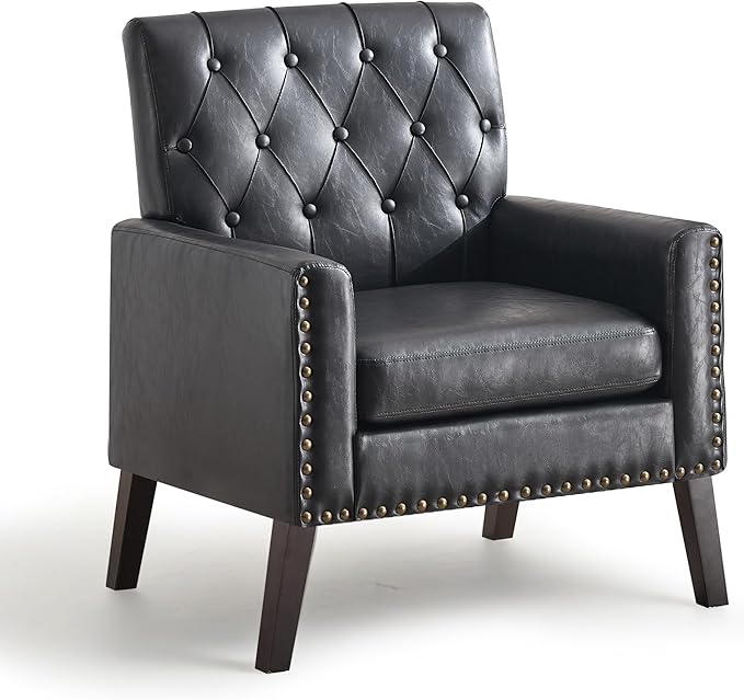 Mid Century Modern Accent Chair, Black Faux Leather Office Chair for Reception - Brown Leather Club Chair for Living Room, Bedroom, or Waiting Room