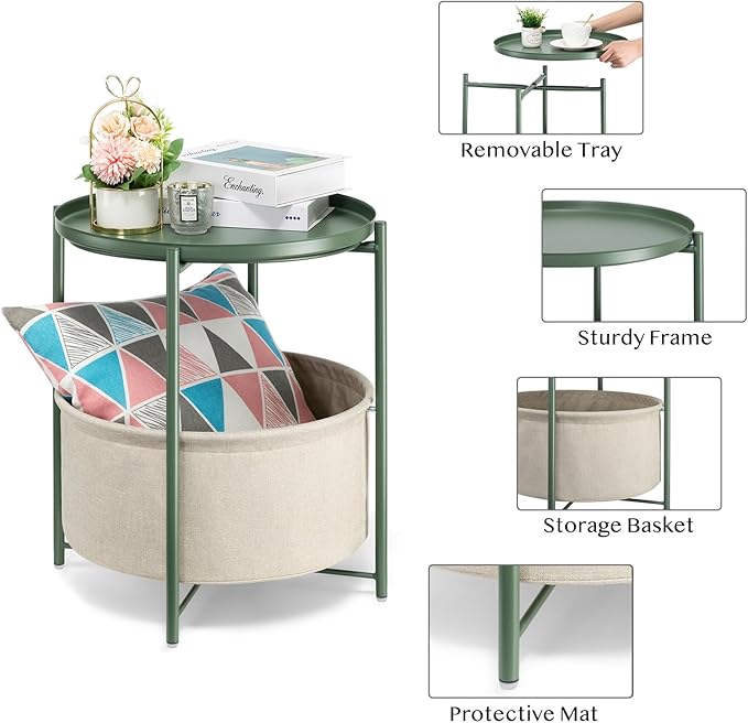 danpinera Round Side Table with Fabric Storage Basket, Metal Side Table Small Bedside Nightstand with Removable Tray for Living Room, Bedroom, Nursery, Dark Green