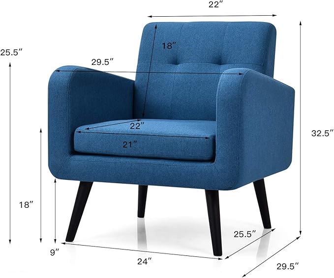 Giantex Upholstered Accent Chair, Modern Mid Century Linen Fabric Living Room Chair with Arms, Max Load 265 Lbs, Comfy Tufted Single Sofa for Reading, Bedroom, Office, Club, Blue
