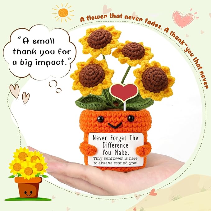 Mini Thank You Gifts for Women Handmade Crochet Sunflower Appreciation Gift for Teacher,Nurse,Coworker,Friends,Mentors,Volunteers–Retirement,Farewell,Encouragement, Christmas, Birthday Present