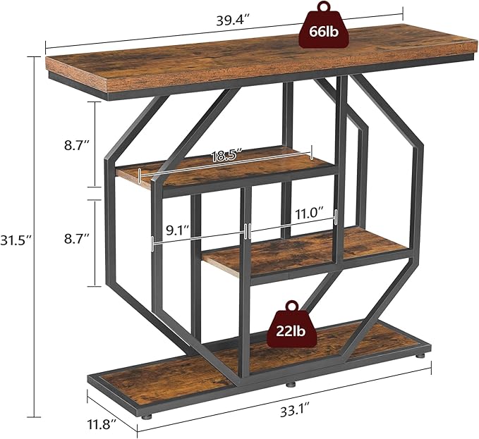 Entryway Table, Industrial Console Sofa Table with Storage, Narrow Accent Table for Living Room, Entry, Hallway, Entrance, Foyer, Rustic Brown CTHR28001