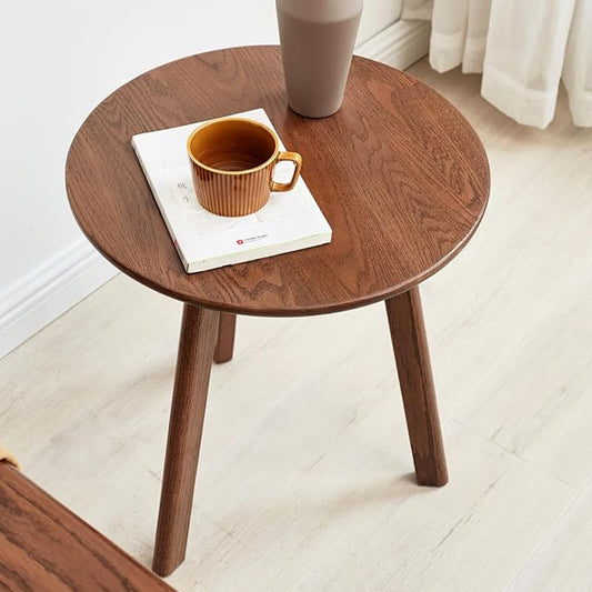 100% Solid Oak Round Side Table, Small Side Table for Small Spaces, 3-Legged Living Room End Tables with Stable Frame for Bedroom Couch Side Entryway, Walnut