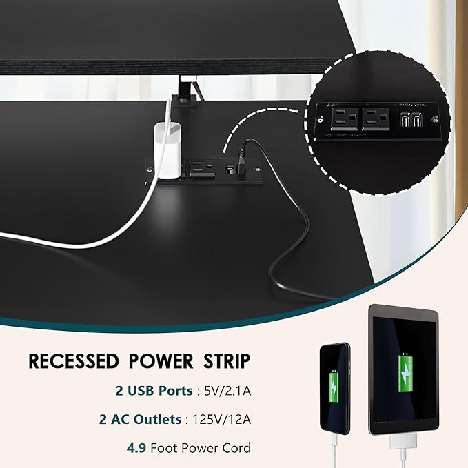 DlandHome Computer Desk 47’’ with LED Lights & Power Outlets,Folding Desk with Monitor Stand, Writing Desk Home Office Desk, Fully Assembled,Black