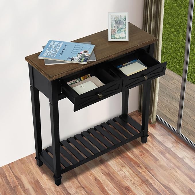 KINTNESS Entryway Table, Narrow Console Table with 2 Drawers, Sofa End Table with Shelves for Living Room Hallway, Black