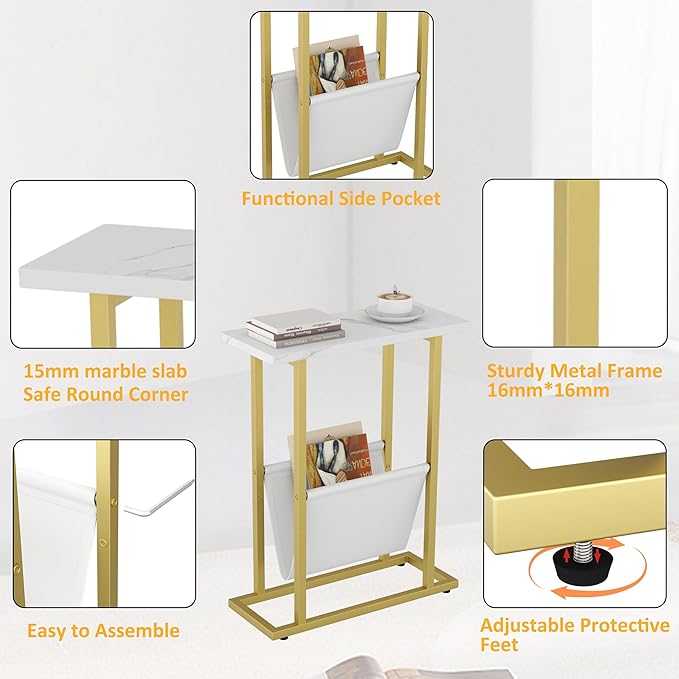 Yusong Narrow Side Table for Small Spaces, Small End Table with Magazine Holder, Skinny Slim Little Thin Table for Living Room, Bedroom, Sofa, White and Gold