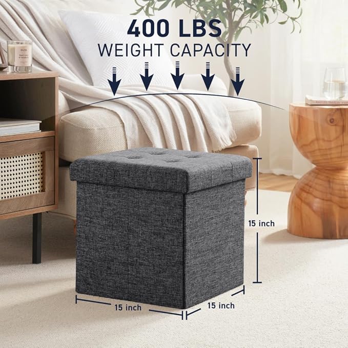 Ornavo Home Foldable Tufted Linen Storage Ottoman Square Cube Foot Rest Stool/Seat - 15" x 15" x 15" (Charcoal)