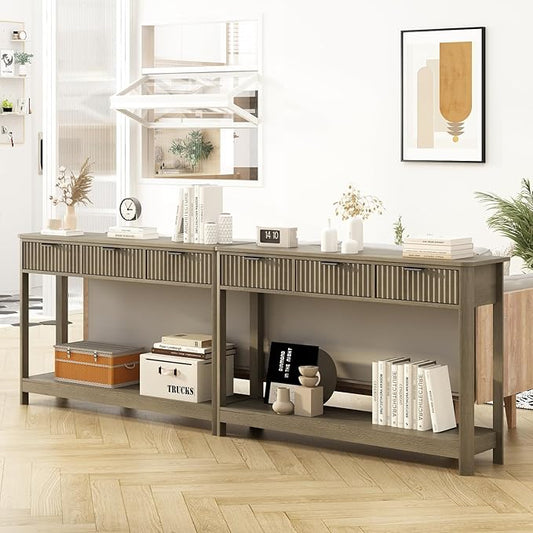 Set of 2 Console Table with Drawers, Modern 47.1" Entryway Table with Storage Shelf, Boho Narrow Skinny Behind Couch Wood Sofa Table for Living Room Hallway Entrance Foyer,Washed Oak