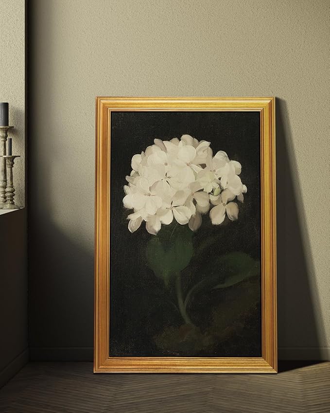 HUARCEY Gold Framed Vintage Wall Art for Living Room, Flowers Painting Canvas Print Shelf Decor for Kitchen, Aesthetic Bedroom Wall Art, Christmas Gifts for Friends or Family (White Hydrangea 24"x36")
