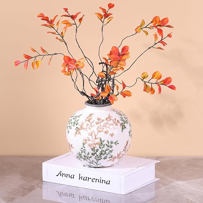 Vintage Green and White Brown Round Vase, Chinoiserie Porcelain Green Floral Vase, Mid Century Modern Pottery Flower Vases for Bouquet and Home Rustic Farmhouse Dining Table Decor