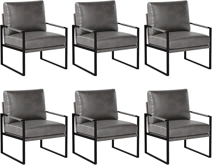 INZOY Mid Century Modern Accent Chair with Removable Cushions Set of 6, Comfy PU Leather Living Room Chairs with Thicker Backrest and Cushion, Metal Frame Design, Dark Grey