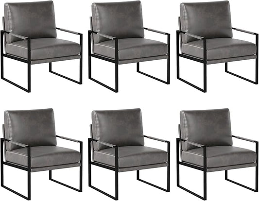 INZOY Mid Century Modern Accent Chair with Removable Cushions Set of 6, Comfy PU Leather Living Room Chairs with Thicker Backrest and Cushion, Metal Frame Design, Dark Grey