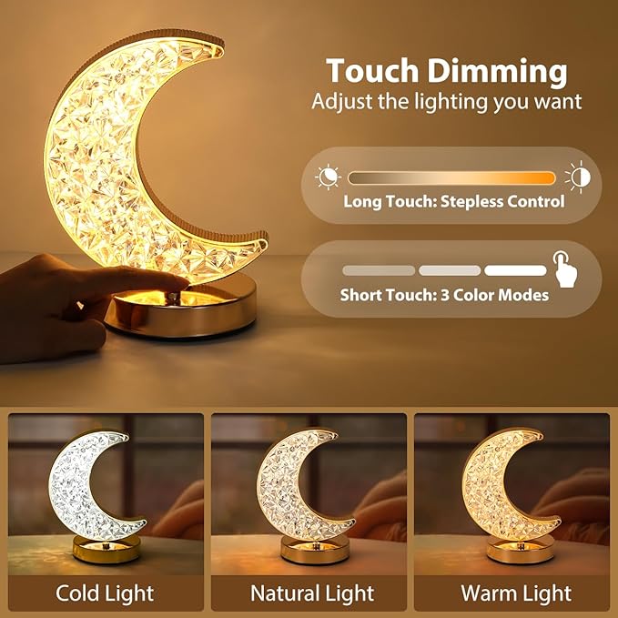 Lewondr Crescent Moon Table Lamp, Stepless Dimmable Touch Lamp with 3 Colors, Rechargeable Night Light with USB Port, Ramadan Moon Light Bedside Lamp for Nightstand Desk Bedroom Living Room Home Decor