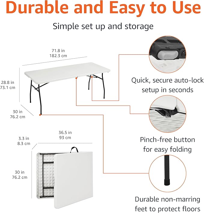 Amazon Basics Heavy Duty Portable Folding Table 6 ft with Carrying Handle, Indoor & Outdoor, White