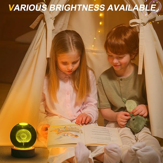 Dandelion Flower Crystal Ball Night Light - 3.15 Inch 16 Color LED Dandelion Glass Ball Lamp with Wooden Base and Remote Control - Perfect Decorations Gifts for Kids, Boys, Girls, Teens