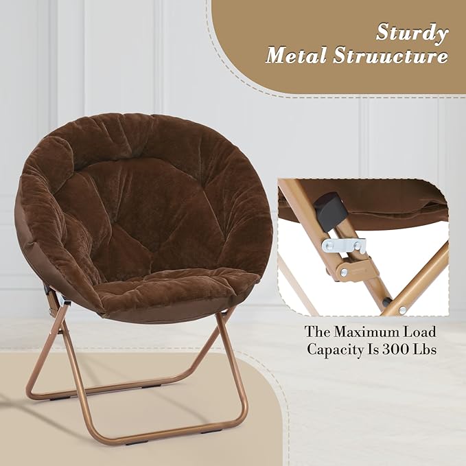 Athena Collection Modern Brown Faux Fur Velvet Saucer Foldable Round Cozy Accent Chair with Ottoman, 300lbs Weight Capacity, Perfect for Bedroom, Living Room, Outdoor Use
