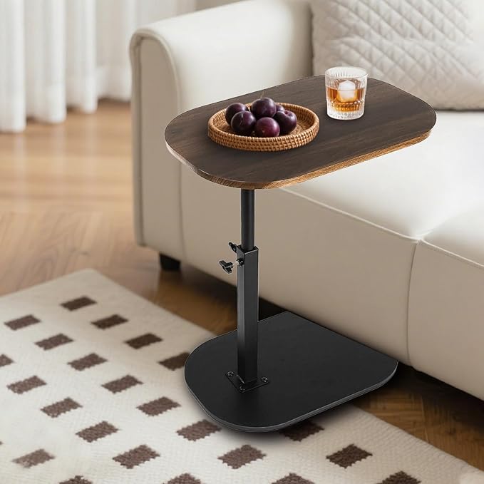 Side Table TV Tray for Couch,Height Adjustable 360° Swivel C Shaped End Table for Small Spaces,Bedside Bathroom Living Room (Walnut Wood)