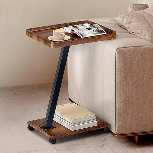 C Shaped End Table, C Shaped Side Table with Rolling Wheels, Side Table for Couches, Sofa Tables Slide Under Couch for Living Room, Over Couch TV Tray Table for Small Spaces(Walnut)