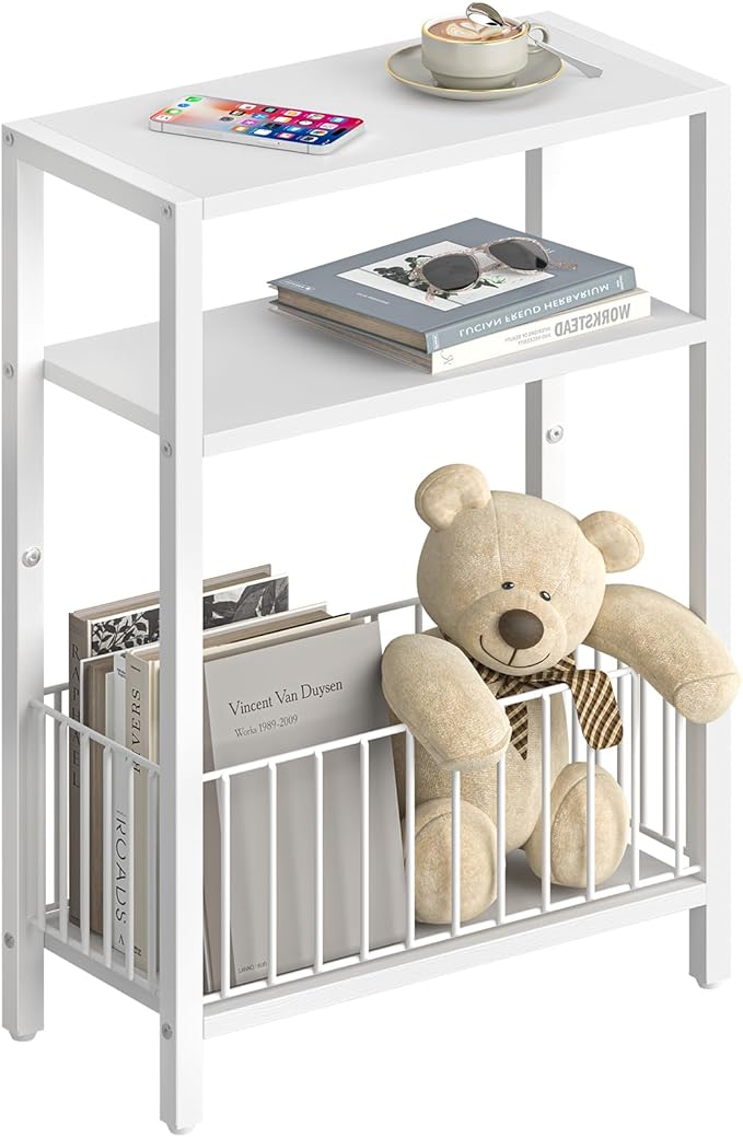 Yoobure Narrow Side Table with Storage Basket, Small End Table for Small Spaces, Skinny Side Tables Living Room Bedroom Office, Slim Nightstand 3 Tier Bedside Table Space-Saving for Magazine, White