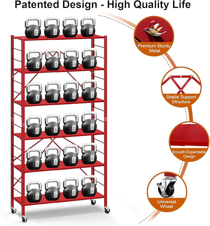 Himix 6 Tier Foldable Storage Shelves, Expandable Folding Bookshelf with Wheels, Changeable into 2 Shelf Units, Collapsible Adjustable Storage Rack Metal Shelves for Garage Kitchen, Basement, Red