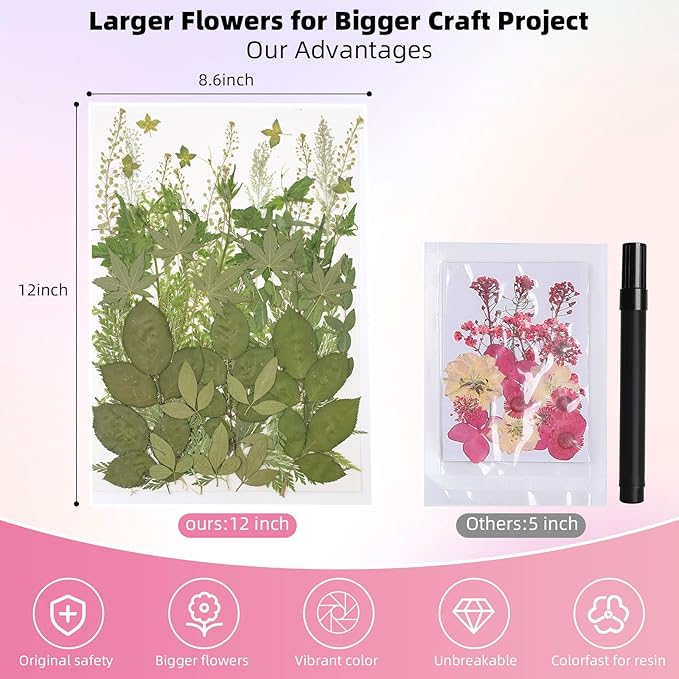 12“ Large Bulk Summer Dried Pressed Flowers for Glass Frame, Real Dry Natural Flower Leaf Daisy for Resin Mold, Cake Decor, Phone Cases (Dried Green Leaves)