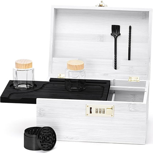 Large bamboo box, locked storage decorative box with combination lock, wooden lock box with lid, wooden locked storage box with removable tray and jars（White&Black）