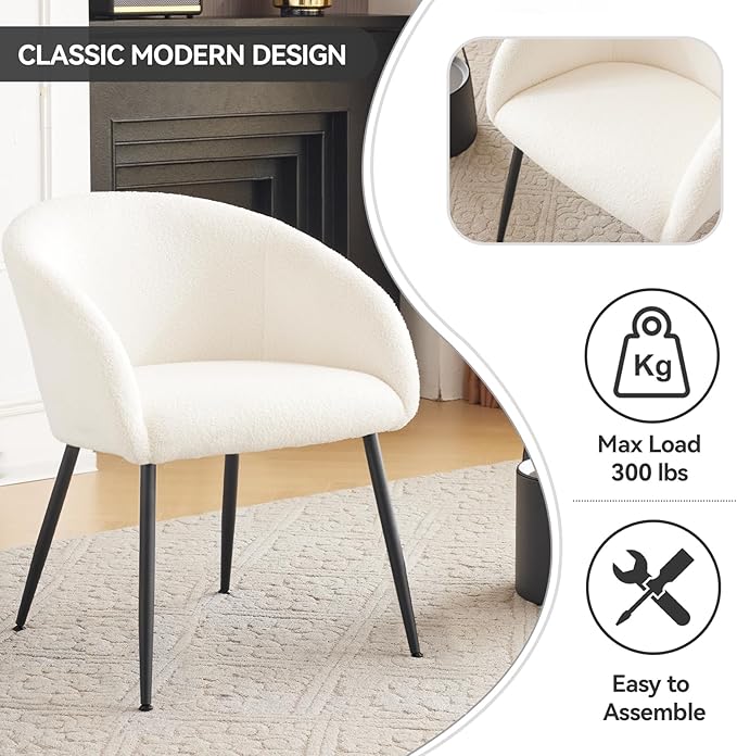 Modern Small Accent Chair Set of 4, Comfy Sherpa Makeup Vanity Chair with Metal Legs, Decorative Dining Chair no Wheels for Living Room, Dressing Room, Bedroom, White