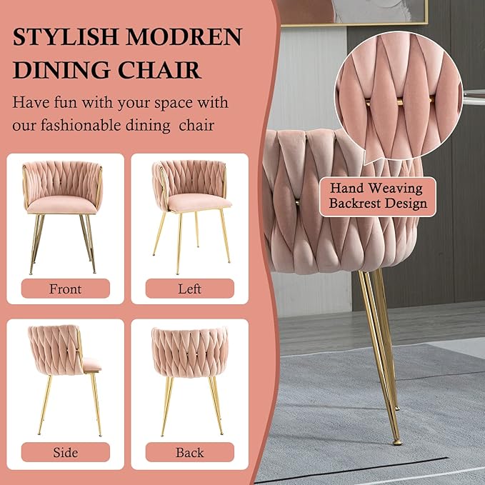 NIOIIKIT Modern Velvet Dining Chairs Hand Weaving Accent Chairs Living Room Chairs Upholstered Side Chair with Golden Metal Legs for Dining Room Kitchen Vanity Living Room (Pink)