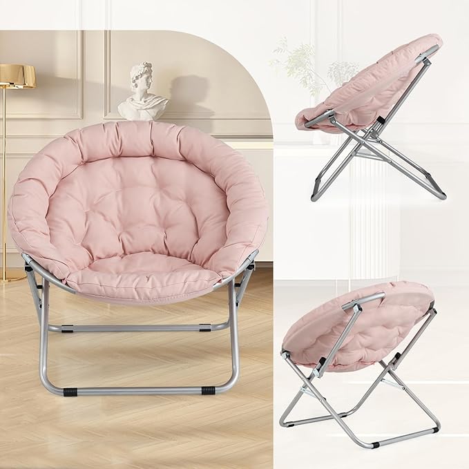 Athena Collection Comfy Saucer Chair, Folding Oversized Cozy Chair for Bedroom Living Room Fabric Reading Chair, Foldable Metal Frame Round Lazy Chair Moon Chair for Adult Set of 2, Pink