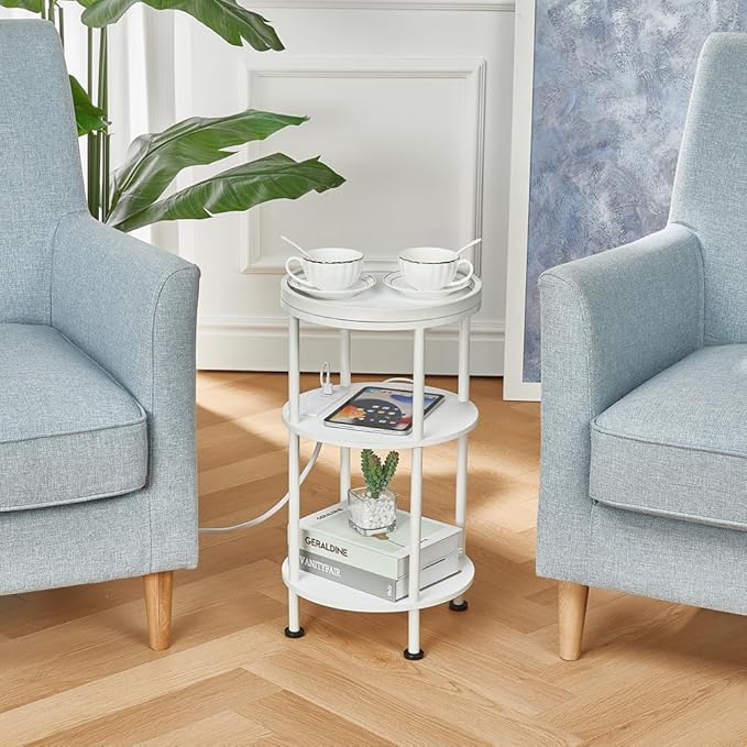 Small Round End Table with Charging Station, 3-Tier Accent Couch Beside Table with USB Ports & Power Outlets, Sofa Side Table for Living Room Small Nightstand Bedroom (USB Charger, White)