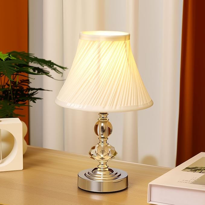 Small Modern Crystal Bedside Table Lamp, 7 x 7 x 12 Inch Electroplaetd Silver Base Table Lamp for Bedrooms and Office (White Pleated Bell Shape Shade)