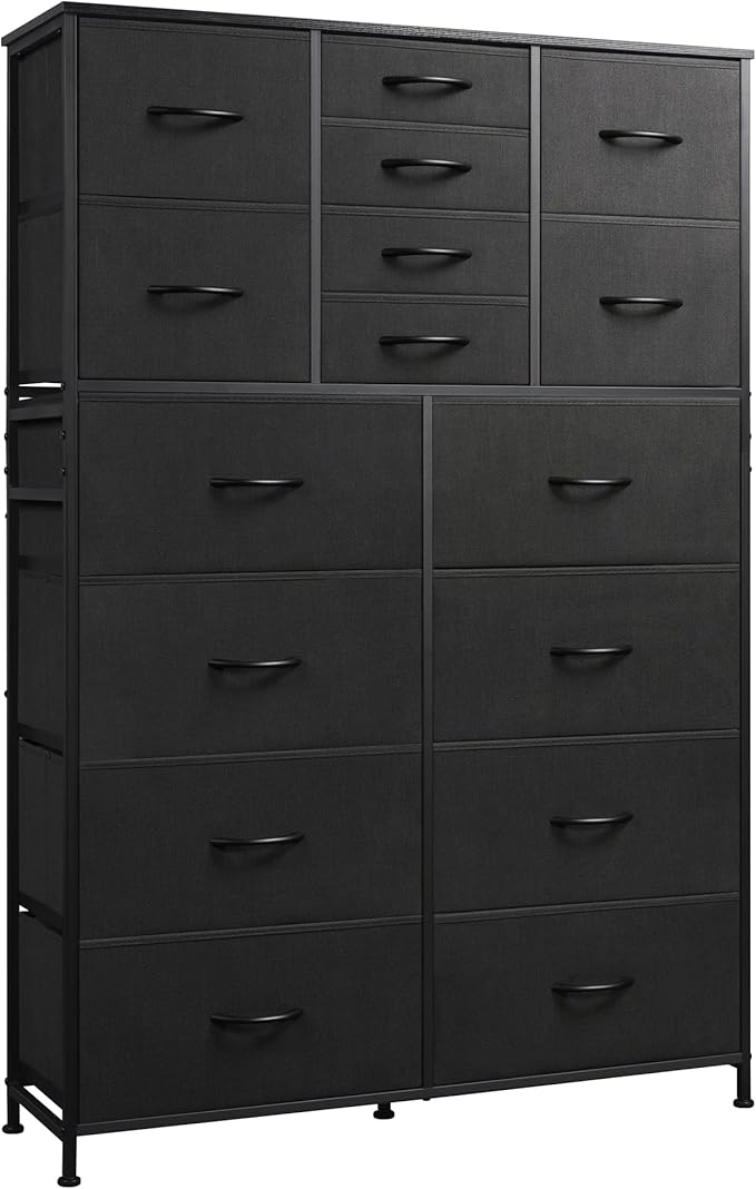 Tall Console Table with 16 Fabric Drawers, Entryway Table with Storage, Large Storage Organizer with Wood Top, Steel Frame for Living Room, Hallway, Office, Charcoal Black