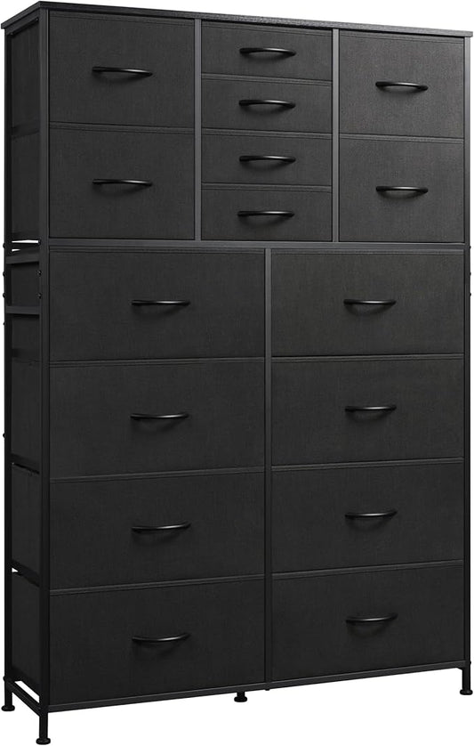 Tall Console Table with 16 Fabric Drawers, Entryway Table with Storage, Large Storage Organizer with Wood Top, Steel Frame for Living Room, Hallway, Office, Charcoal Black