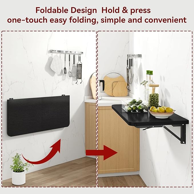 IBUYKE Wall Mounted Folding Table, Floating Wall Desk for Small Spaces, Fold Down Laundry Shelf with Heavy-Duty Brackets, Wall Table for Home Office/Bar/Kitchen/Dining Black UTVT005B