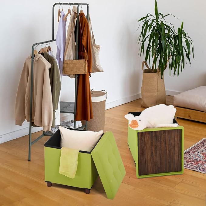 Storage Ottoman, Ottoman with Storage for Living Room Ottoman Square Tray Bedroom Cube Foot Rest Stool with Legs Small Ottomans Coffee Table Lid Foldable Footstool Faxu Leather 15" in (Green)