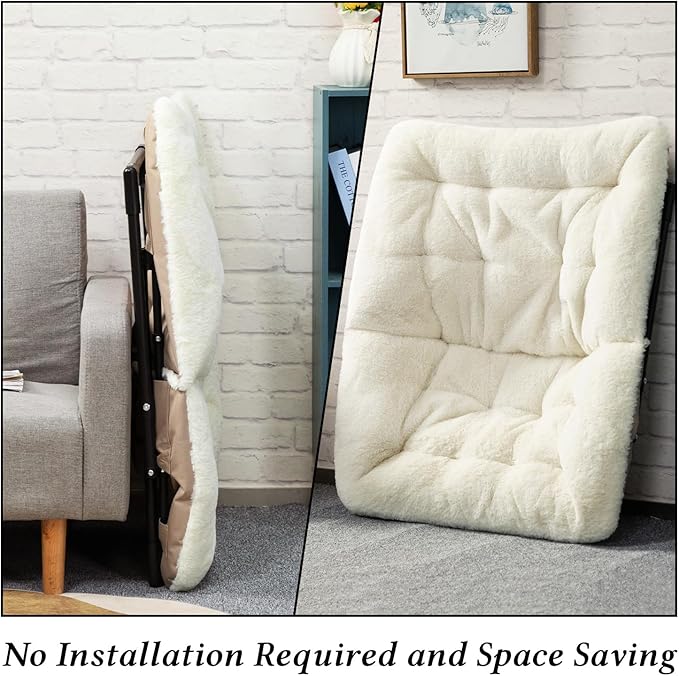 HollyHOME X-Large Saucer Chair, Comfy Oversized Folding Chair, Faux-Fur Reading Chair for Teens, Adults, Foldable Accent Lazy Chair, Metal Frame Lounge Chair for Living Room, Bedroom, Dorm, Beige