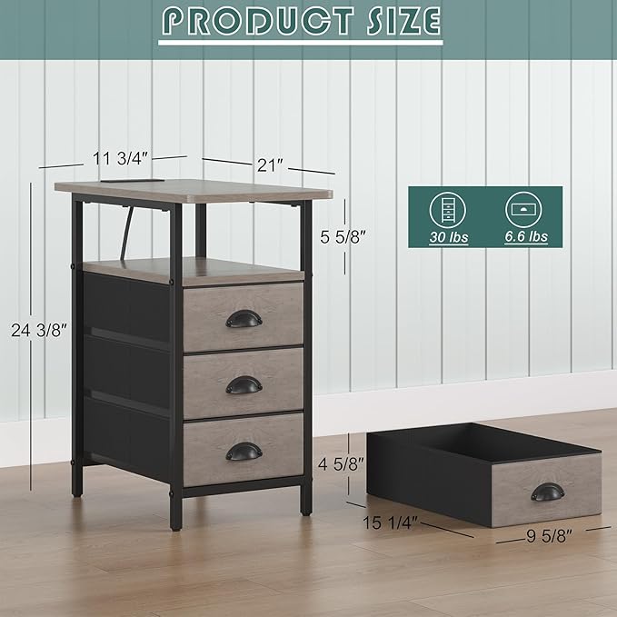 End Table with Charging Station,LED Side Tables with USB Ports and Outlets,Narrow Nightstands Bedside Tables with 3 Drawers for Small Space,Slim Sofa Table for Livingroom,Grey