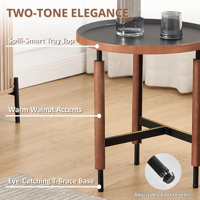 HEAH-YO Round Nesting Coffee Table Set of 2, Wood Tray Top Accent Table with Walnut Wrapped Metal Legs, Industrial & Farmhouse End Table for Living Room/Office Reception, Black